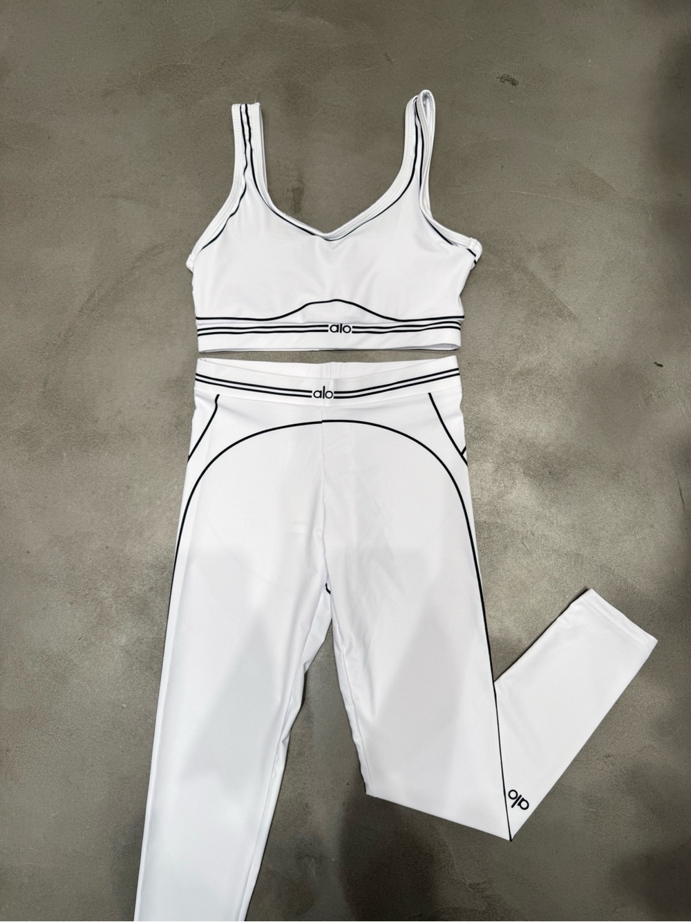 ALO Yoga White High-Waist Legging & Sports Bra Set with Black Trim